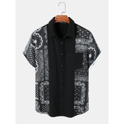 Mens Monochrome Paisley Scarf Print Stitching Cotton Short Sleeve Shirts