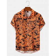 Mens Halloween Pumpkin Evil Face Print Short Sleeve All Matched Shirts