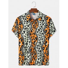 Mens Leopard Print Chest Pocket Street Short Sleeve Shirts