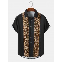 Mens Leopard Print Button Up Lapel Short Sleeve Shirts