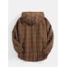 Mens Plaid Button Up Slant Pocket Woolen Cloth Hooded Jacket