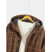 Mens Plaid Button Up Slant Pocket Woolen Cloth Hooded Jacket