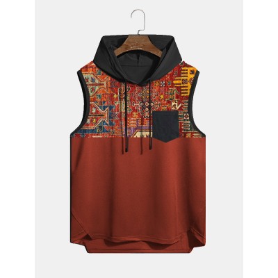 Mens Vintage Geometric Print Stitching Hem Sleeveless Hooded Tanks