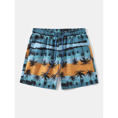 Men Palm Tree Hawaiian Style Drawstring Elastic Waist Shorts