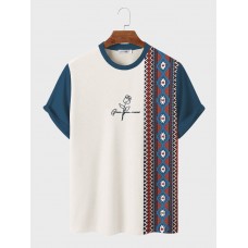 Mens Argyle Rose Print Crew Neck Ethnic Short Sleeve T  Shirts