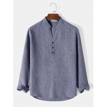 Mens Solid Color Half Collar Button Cuff Long Sleeve T  Shirts