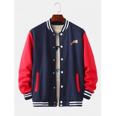 Mens Letter Print Thicken Contrasting Patchwork Baseball Collar Long Sleeve Jacket