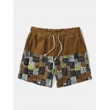 Mens Tribal Pattern Patchwork Ethnic Style Corduroy Drawstring Shorts