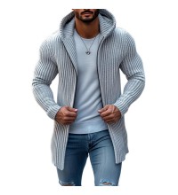 Men's Fashion Hooded Solid Striped Long Sleeve Mid-length Knit Cardigan 36050893Z