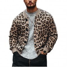 Men's Vintage Leopard Jacquard Colorblock Single Breasted Cardigan 96422693Y