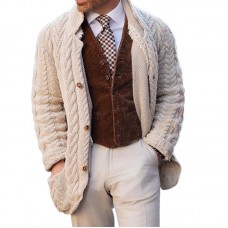 Men's Vintage Stand Collar Single Breasted Cable Knit Cardigan 26165463Z