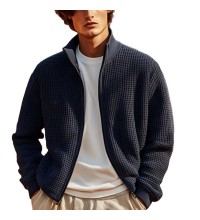 Men's Solid Knitted Waffle Stand Collar Zipper Cardigan 19251643Y