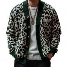Men's Vintage Leopard Jacquard Colorblock Single Breasted Cardigan 17268231Y