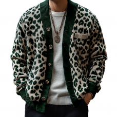 Men's Vintage Leopard Jacquard Colorblock Single Breasted Cardigan 17268231Y