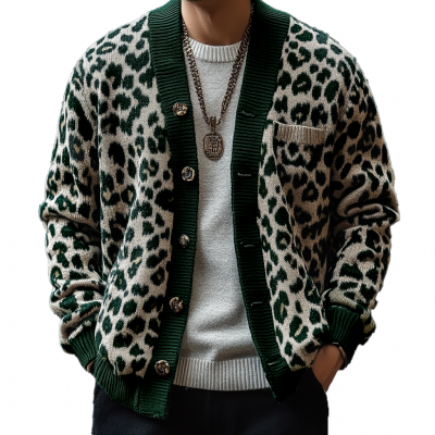 Men's Vintage Leopard Jacquard Colorblock Single Breasted Cardigan 17268231Y