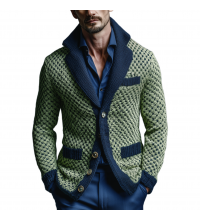 Men's Classic Casual Lapel Green And Navy Blue Slim Jacquard Knit Cardigan MTA2659I6K