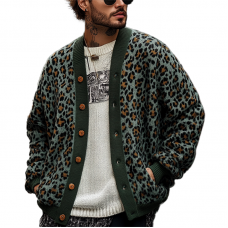 Men's Vintage Leopard Jacquard Colorblock Single Breasted Cardigan 23865460Y