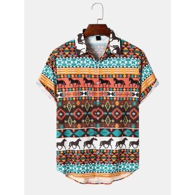 Mens Horse Graphic Geometric Ethnic Short Sleeve Shirts